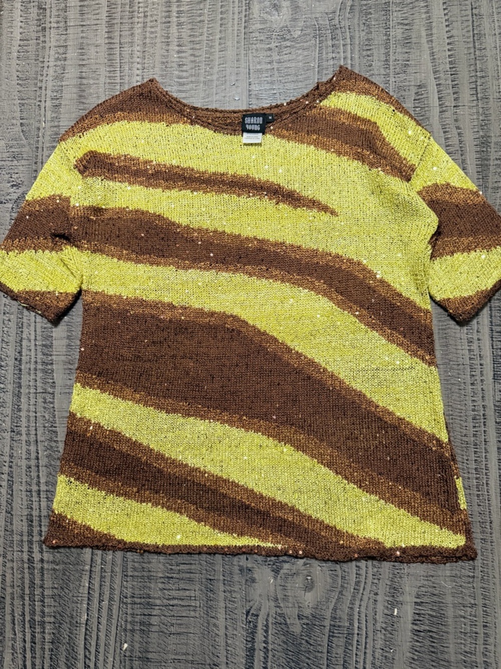 Sharon Young Brown and Yellow Striped Short Sleeve Knit Sequin Sweater